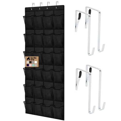 GORILLA GRIP Over the Door Shoe Organizer, 24 Large Breathable Mesh Pockets, Space Saving Hanging Storage Holder, Closet Rack Hanger Holds Up to 40 lbs, Hangs on Closets for Shoes, Accessories, Black - color: Black, size: 24 Pockets/4 Hooks