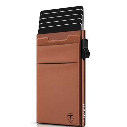 TOYFID Slim Wallet for Men - Pop Up Card Holder Wallet,Minimalist Business Wallet,Credit Card Wallet with Money Pocket,Metal Card Case Wallet,RFID Blocking,Can Hold 6 Credit Cards - color: brown B