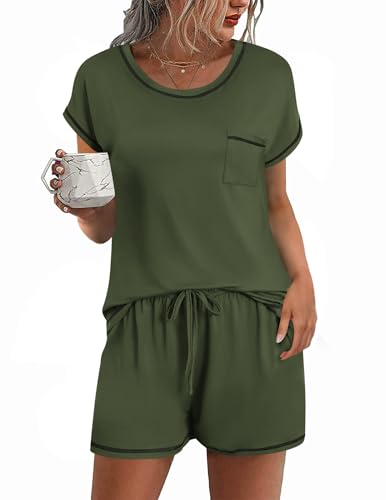 Ekouaer Womens Pajama Sets 2 Piece Soft Short Sleeve Top and Shorts Sleepwear Round Neck Pjs Lounge Set with Pockets - color: Army Green, size: Large