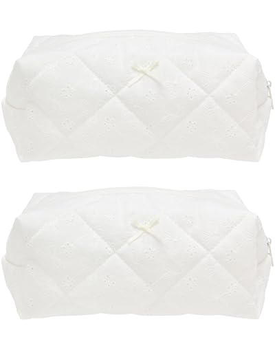 PAZIMIIK 2PCS Cozy Makeup Bag Travel Cosmetic Bag for Women Soft Toiletry Bag Aesthetic Makeup Organizer Portable Large Zipper Pouch for Skincare Beauty Accessories Brushes Embroidery White - color: Embroidery White, size: 2PCS