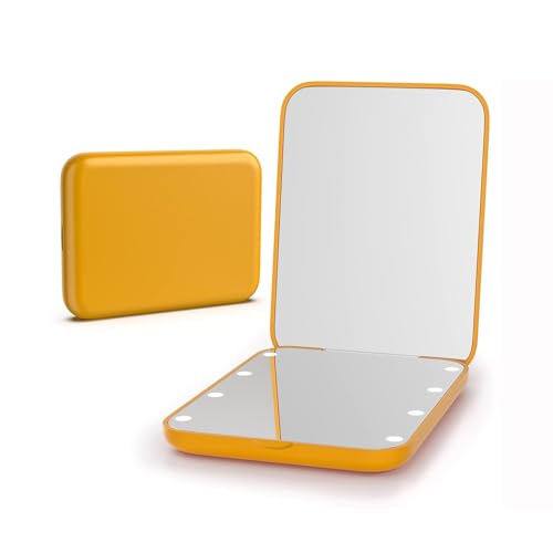 Kintion Pocket Mirror, 1X/3X Magnification LED Compact Travel Makeup Mirror with Light for Purse, 2-Sided, Portable, Folding, Handheld, Small Lighted Mirror for Gift, Yellow - color: Yellow