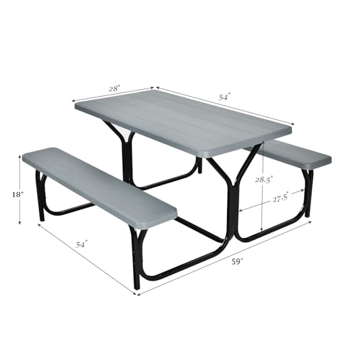 Giantex Picnic Table Bench Set Outdoor Camping All Weather Metal Base Wood-Like Texture Backyard Poolside Dining Party Garden Patio Lawn Deck Furniture Large Camping Picnic Tables for Adult (Gray) - color: Grey