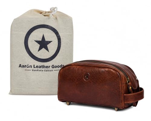 10" Premium Leather Toiletry Travel Pouch With Waterproof Lining | King-Size Handcrafted Vintage Dopp - Kit Gift for Father's Day By Aaron Leather Goods - color: Bone Brown