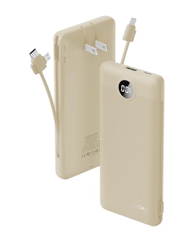 Portable Charger Built-in Cables and AC Wall Plug, USB C Power Bank 10000mAh, Travel Battery Portable Phone Charger Compact Lightweight External Battery Pack for Smart Phones, Tablets etc-Light Coffee - color: Light Coffee