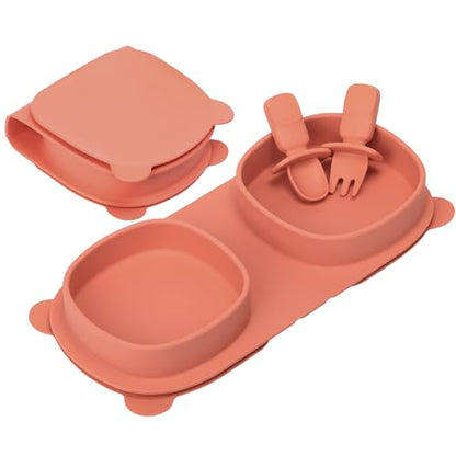 Baby Plates with Suction with Forks and Spoons, Foldable Silicone Toddler Plates, Baby Travel Essential, Microwave & Dishwasher Safe, Watermelon - color: Watermelon, style: Suction