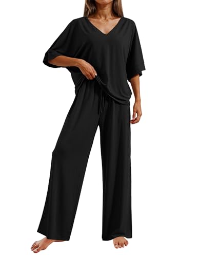 Ekouaer Pajama Sets for Women 2 Piece Lounge Set Short Sleeve Tops and Long Pants Soft Comfy Pjs Sleepwear Outfits S-XXL - color: Black, size: Small