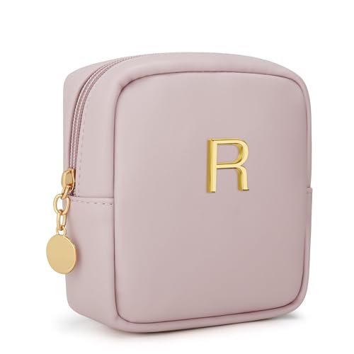 Personalized Birthday Gifts for Women - Initial Makeup Bag Set Travel Toiletry Bag Cosmetic Bags Soft Waterproof PU Leather Makeup Pouch Travel Essentials (R, 1pc Pink) - size: 1pc Pink, style: R