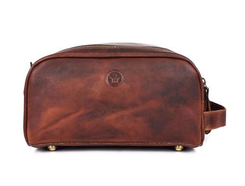 10" Premium Leather Toiletry Travel Pouch With Waterproof Lining Black Color | King-Size Handcrafted Vintage Shaving Kit By Aaron Leather Goods - color: Umber