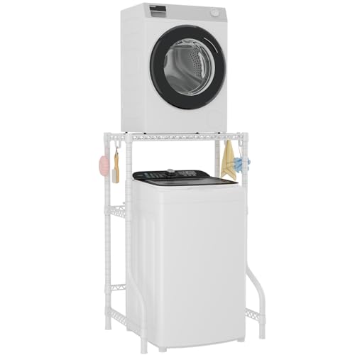 ULIFHOME U16 Upgraded Washer Dryer Stacking Rack for Narrow Laundry Room and Bathroom, Metal Over Washer and Dryer Storage Shelves for Saving Space, 29.5" W x 23.6" D x 53.1" H, White - color: White