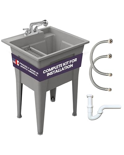 Freestanding Utility Sink with Two Handle Chrome Faucet - 24" Plastic Utility Sink for Garage, Laundry, Indoor and Oudoor Use - Laundry Tub Kit by Noah William Home - Grey (19.5 gal) - color: Grey - Two handle chrome faucet