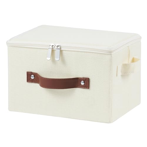 Storage Bins with Zipper Lid Cotton Linen Fabric Lidded Storage Baskets Boxes Foldable Washable Closet Shelf Clothes Organizer Container with PU Leather Handles (Beige, Small Size) - color: Beige, size: Small ( Set of 1 )