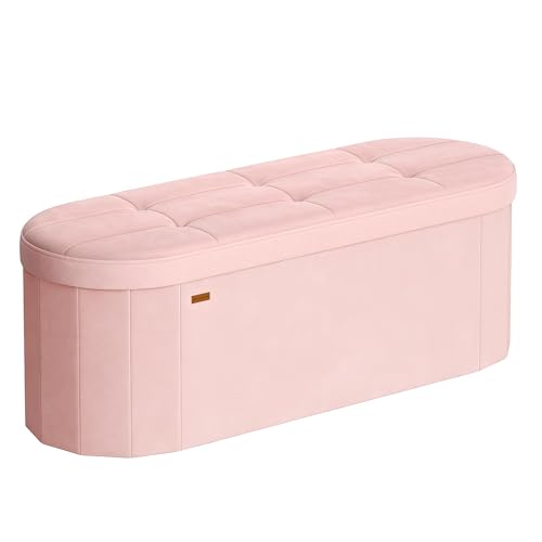 SONGMICS Mazie Collection - Folding Ottoman with Storage, Oval Storage Ottoman Bench, for Living Room, Bedroom, Velvet Fabric, 15 x 43 x 15 Inches, Jelly Pink ULSF297SA01 - color: Jelly Pink, size: 15"D x 43"W x 15"H