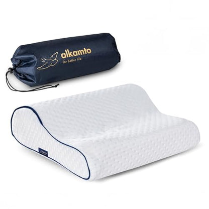 alkamto Travel & Camping Comfortable Memory Foam Pillow – Easy to Carry Portable Bag – Temperature Regulating Pillow Case (White Contour) - size: White Contour Travel