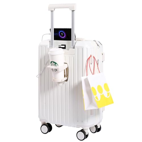 Carry-on Luggage with Cup Holder & USB Charging Port, Hard Side Luggage with Spinner Wheels, Lightweight Luggage for Travel, Business (White, Carry-On 20-Inch) - color: White