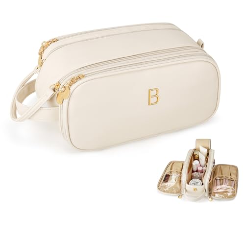 Travel Makeup Bag Birthday Gifts for Women Teen Girl, Personalized Initial Makeup Organizer Bag Large Opening Cosmetic Bags for Women Waterproof Storage Toiletry Bags, Beige,B - color: Beige, style: B