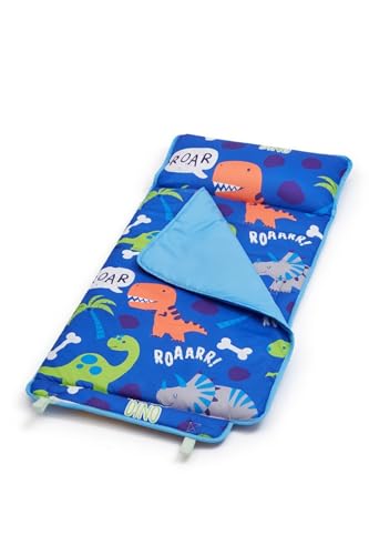 EVERYDAY KIDS Nap Mat with Removable Pillow - Roarin' Dinos - Carry Handle with Straps Closure, Rollup Design, Soft Microfiber for Preschool, Daycare, Travel Sleeping Bag - Ages 3-6 Years - color: Roarin Dinos
