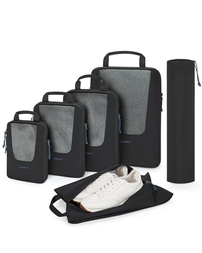 BAGSMART Compression Packing Cubes for Travel, 6/5/4set Lightweight Packing Organizers, Summer Travel Essentials Suitcase Organizer Bags Set - color: D-Black, size: 6 Set-Compress