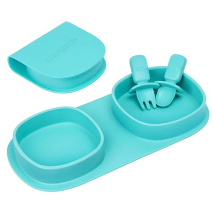 Silicone Foldable Novelty Dinner Plates, Baby Plates Travel Essential with Forks and Spoons, Microwave & Dishwasher Safe, Aqua - color: Aqua, style: No-Suction