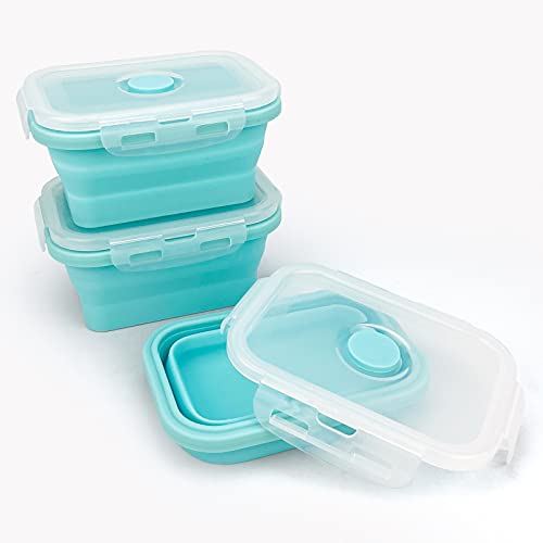 CCyanzi 3piece Collapsible Food Storage Containers with Lids, Silicone Lunch Container, Microwave & Freezer Safe, Space Saving for Kitchen Cabinet and Camping Backpack,(blue) - color: blue