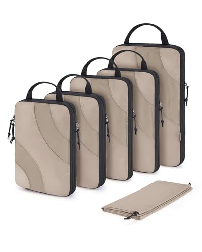 BAGSMART Compression Packing Cubes, 6 Set/4 Set/2 Set Travel Packing Cubes for Carry on Suitcases, Compression Suitcase Organizers Bag Set & Travel Cubes for Luggage, Lightweight Packing Organizers - color: Brown, size: 6 Set