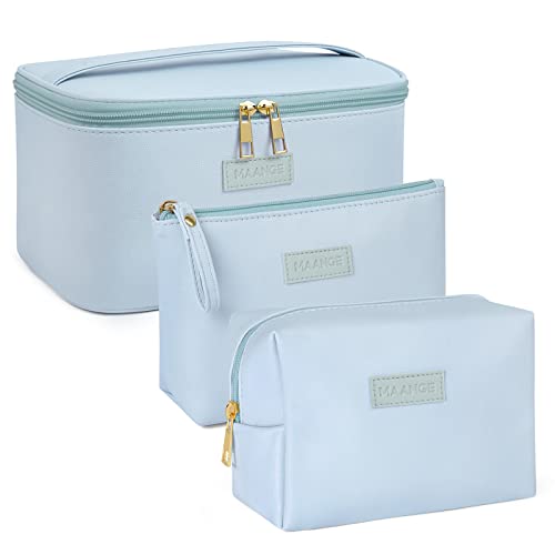 MAANGE Makeup Bag Large Cosmetic Bag with 2pcs Small Makeup Bags Portable Leather Travel Makeup Bag Set Toiletry Bag Make Up Bags for Women and Girls (Blue) - color: Blue