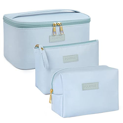 MAANGE Makeup Bag Large Cosmetic Bag with 2pcs Small Makeup Bags Portable Leather Travel Makeup Bag Set Toiletry Bag Make Up Bags for Women and Girls (Blue) - color: Blue