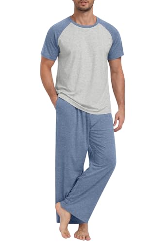 Yincro Mens Pajamas Set Lightweight Loungewear Short Sleeve Top and Pants Soft Sleepwear Pjs Sets - color: Gray Blue-light Gray, size: Medium