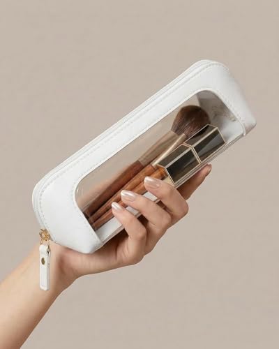 LETGO Clear Makeup Brush Bag Pouch, Waterproof PU Leather Portable Makeup Bag Holder with Transparent Window, Travel Lipstick Case Pouch Car Organizer and Storage (Slim, Beige) - color: Beige, style: Slim