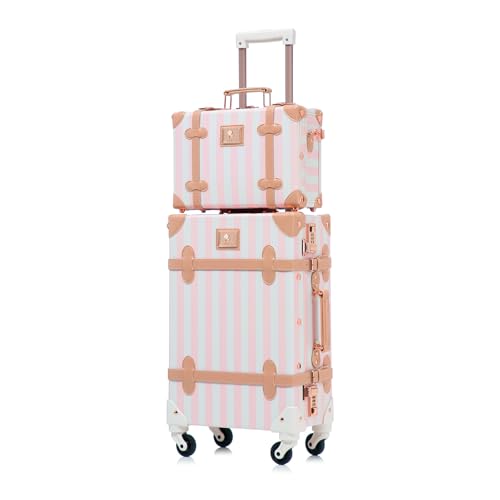UNIWALKER Vintage Carry on Luggage Set, 2 Piece Retro Spinner Trunk Suitcase with Cosmetic Train Case for Women, 20"+12", Pink Strip - color: pink strip, size: 20in+12in