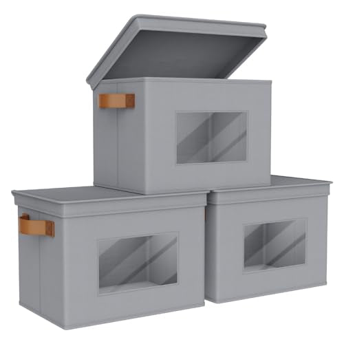 Univivi Storage Bins with Lids Collapsible Foldable Closet Storage Boxes for Clothes [3-Pack] Containers boxes with Handles Closet Storage for Home, Office, Bedroom (Grey,17" x 12"x 12") - color: Gray, size: 17''-3 Pack