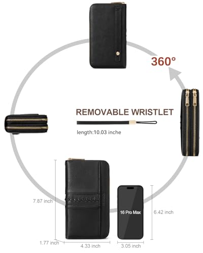BOSTANTEN Wallets for Women Leather RFID Double Zipper Around Credit Card Holder Large Capacity Wristlet Clutch Wallet - color: Black
