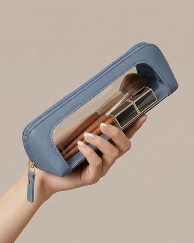 LETGO Clear Makeup Brush Bag Pouch, Waterproof PU Leather Portable Makeup Bag Holder with Transparent Window, Travel Lipstick Case Pouch Car Organizer and Storage (Slim, Blue) - color: Blue, style: Slim