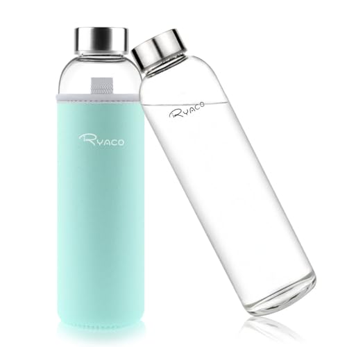 Ryaco Borosilicate Glass Water Bottle 33oz/1L/1000ml BPA-Free Leak Proof Ideal for School Home Office Travel Sport Yoga Gym Hot Cold Drinks with Portable Neoprene Carrying Sleeve and Sponge Brush - color: Mint Green