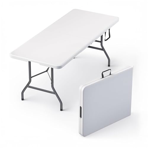 6 Feet Foldable Table with Built in Handle & Steel Legs | 6FT Heavy Duty Folding Portable | Perfect for Party, Dining, Wedding, Events, Picnic Indoor, Outdoor, Camping, Utility, Folding - 6 Foot - color: White, size: 6 FT