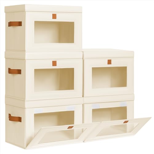Homsorout Medium Fabric Storage bins - Collapsible Storage Bins with Open Window, 5 Pack Closet Baskets for Shelves, Stackable Decorative Boxes for Home, Dorm, Beige, 13.7"x 9.8" x 9.8" - color: Beige, size: Medium - 5 Pack