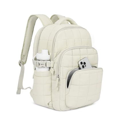 CLUCI 17.3 Inch Laptop Backpack for Women, Anti Theft Travel Backpack, Puffer Quilted Work Backpack, Water Resistant College Bookbag, Carry on backpack with RFID (Beige) - color: White