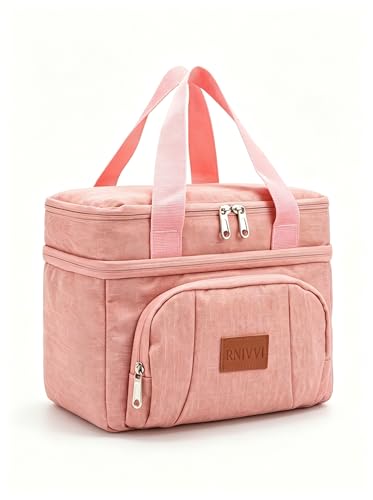 Rnivvi Lunch Box for Women, Double Decker Insulated Cooler Bag Lunch Bag Reusable Leakproof Tote Lunch Container with Strap for Work Family Picnic Hiking Camping, 18 Cans 12L, Large Adults, Pink - color: Pink