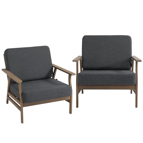 2 Piece Wood Patio Chair Outdoor Bistro Set, Outdoor Armrest Chair All Weather Patio Sofa Furniture Backyard Conversation Sets with Cushions, Dark Gray - color: Dark Gray, size: 2PCS