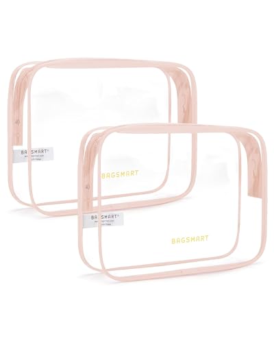 BAGSMART Clear Toiletry Bag, 2 Pack TSA Approved Travel Toiletry Bag Carry on Travel Accessories Bag Airport Airline Quart Size Bags Water Repellent Makeup Cosmetic Bag for Women (Nude Pink-2pcs) - color: Chic Nude Pink, size: 2 Pack, Medium