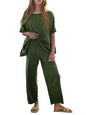 Tankaneo Women's 2 Piece Travel Outfits Casual Short Sleeve Knit Sweater Set Wide Leg Pants Lounge Sets Tracksuit - color: Army Green, size: Small