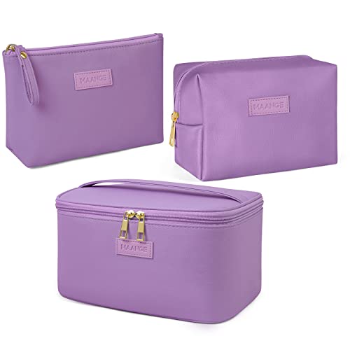 MAANGE Travel Makeup Bag - Large Makeup Bag with 2pcs Small Makeup Bag Portable Leather Cosmetic Bag Toiletry Bag Make Up Bags for Women and Girls (Purple) - color: Purple