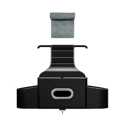 Back Seat Car Organizer with One Towel Leather Wood Materials Car Back Seat Storage Box 2 Drink Cup Holder Tissue Box for Hold Phone Drinks Handbag Compatible with Most Vehicles (Black)