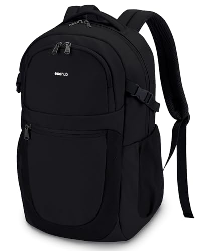 ECOHUB Travel Backpack for Men Women, 17.3 inch Suspended Laptop Backpack, Fashion Water-Resistant College Computer Bookbag, 28L Personal Item Bag with 12 Pockets for Causal, Work, Black - color: Black