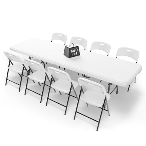 8FT Folding Table Set with 8 Folding Chairs, Heavy Duty 660 lbs Table & 600 lbs Chairs, Portable Folding Furniture Bundle for Camping, Party, Indoor & Outdoor Use - color: White Table & Chairs, size: 8ft, style: 8 chairs