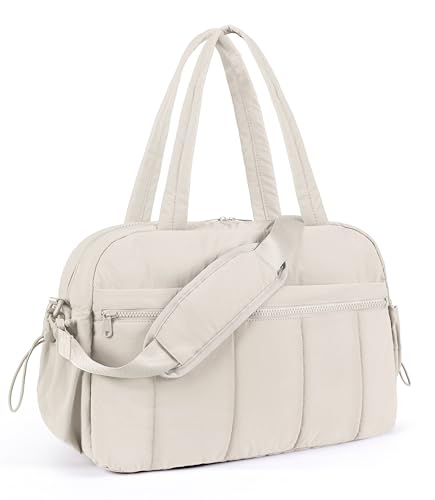 Lightweight Travel Duffle Bag for Women, Quilted Puffy Weekender with Wet Pocket for Gym, Overnight, Personal Item Carry On, Beige - color: Beige