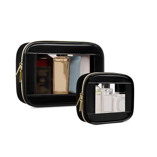 2-Piece Leather Clear Makeup Bags Set - Waterproof Clear Cosmetic Bag Case with Zipper, Transparent TSA Approved Toiletry Bag for Travel, Car Accessories for Women (Black-2, Mini+Medium) - color: Black-2, size: Mini+Medium