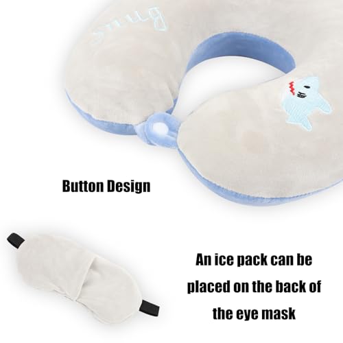 Kids Neck Pillow for Travel with Sleep Eye Mask, Cute Travel Neck Pillow, Memory Foam Flight Sleeping Headrest Pillow for Boys & Girls, Airplane, Train, Car, Home Use - Little Shark - color: Little Shark