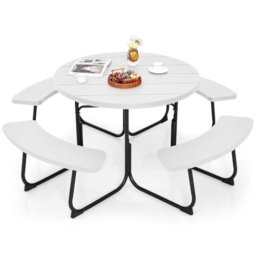 Giantex Picnic Table Set for Up to 8 Persons, Round Outdoor Table and Bench Set with Umbrella Hole, HDPE Top & Metal Frame, 2000LBS Capacity, Patio Table Bench for Deck Backyard Garden (White) - color: White, size: Round-43"x43"x30"
