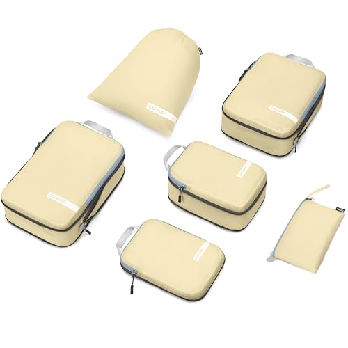 Cipway Compression Packing Cubes for Travel Ultralight Expandable Packing Organizers with Laundry & Toiletry Bag for Carry on Luggage (Vanilla Cream 6 Set) - color: Vanilla Cream, size: 6PCS