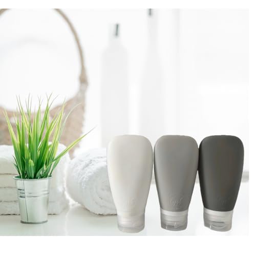 Travel Bottles for Toiletries, TSA Approved 3oz (90ml) Leak Proof Silicone Refillable Squeeze Travel Size Containers BPA Free for Cleansers, Lotions, Shampoo 3-pk (Black-Gray-White) - color: Black-Gray-White